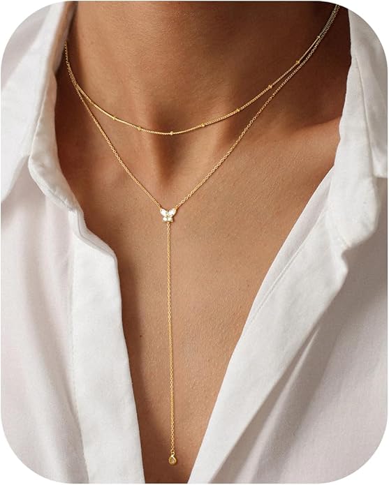 M MOOHAM Gold Lariat Necklace for Women - Dainty 14K Gold Plated Y-Shaped Long Drop Necklace Pearl Cross Clover Butterfly Cubic Zirconia Charm Layered Necklaces for Women Simple Jewelry Gifts