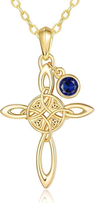 Witches Knot Necklace for Women, 14K Gold Celtic Knot Cross Jewelry with Triquetra Trinity with Birthstone Pendant, Birthday Witchy Spiritual Gifts for Her Wife Mom Grandma, 18+2 Inch Chain