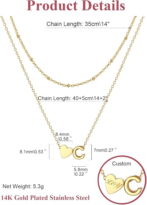 FOCALOOK Layered Initial Necklace for Women, 14K Gold Plated Choker Necklaces Stacks with Initial A-Z, Dainty Silver Heart Pendant Necklace Personalized Birthday Women Jewelry