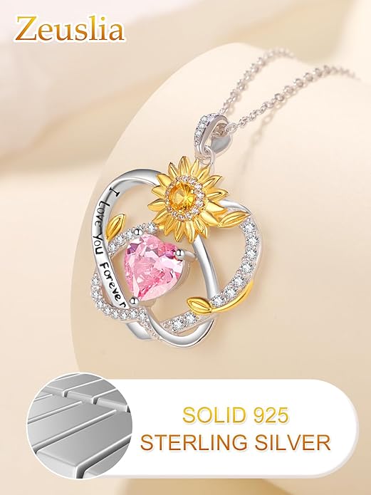 Zeuslia Double Birthstone Necklace Gifts for Wife - 925 Sterling Silver Sunflower/Rose/Crown Cross/Compass/Heart Pendant I Love You Necklace, Anniversary Birthday Gifts for Wife Girlfriend Mom Her