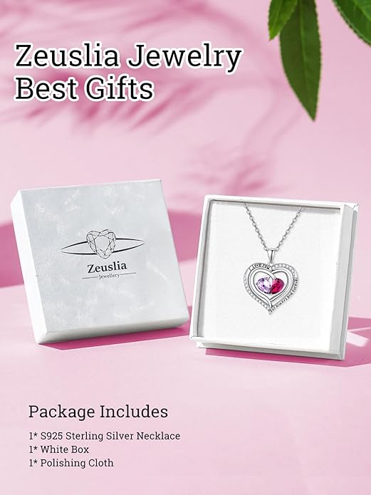 Zeuslia Double Birthstone Necklace Gifts for Wife - 925 Sterling Silver Sunflower/Rose/Crown Cross/Compass/Heart Pendant I Love You Necklace, Anniversary Birthday Gifts for Wife Girlfriend Mom Her