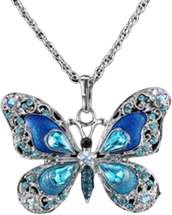 Vintage Multicolor Butterfly Necklace Bohemian Multicolor Enamel Butterfly Necklace Rhinestone Butterfly Pendant Necklace Chain Enamel Ethnic Costume Jewelry for Women