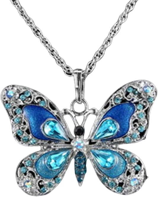 Vintage Multicolor Butterfly Necklace Bohemian Multicolor Enamel Butterfly Necklace Rhinestone Butterfly Pendant Necklace Chain Enamel Ethnic Costume Jewelry for Women