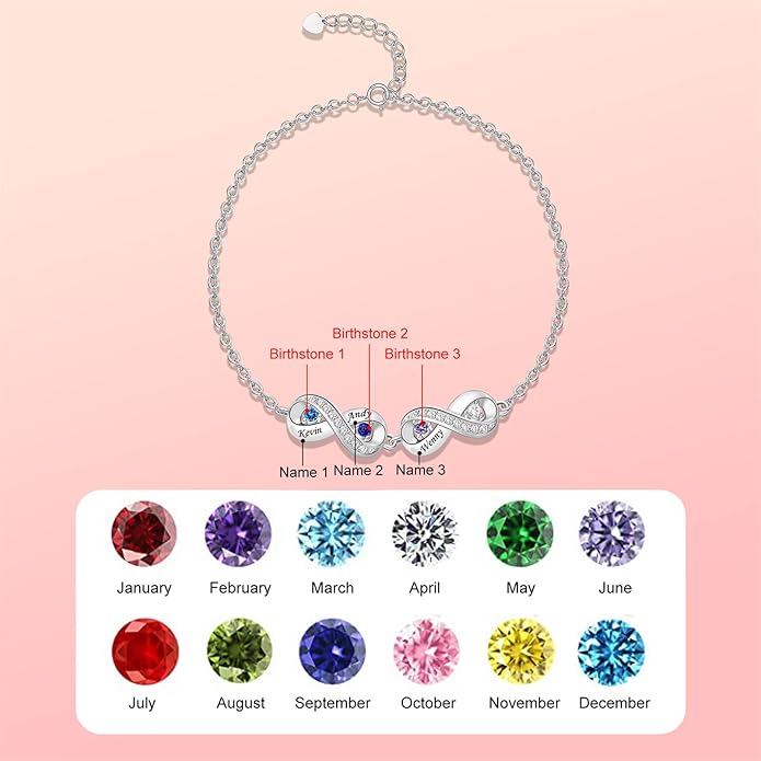 BABOOM Custom Mother Bracelet With 1-8 Birthstones Personalized Infinity Name Bracelet Engraved Birthstone Bracelets Gifts For Women Mother Daughter Wife