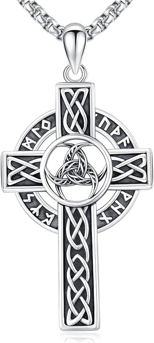 Midir&Etain Celtic Cross Necklace 925 Sterling Silver Cross Pendant Necklace Celtic Viking Irish Jewelry Religious Protective Gift for Men Women