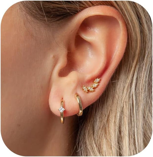Freekiss 3 Pairs Gold Hoop Earrings Set: Dainty Stud Earrings Trendy Small 14K Gold Plated Hypoallergenic Dangle Cartilage Huggie Hoop Earrings for Women Gold Jewelry for Women Gifts
