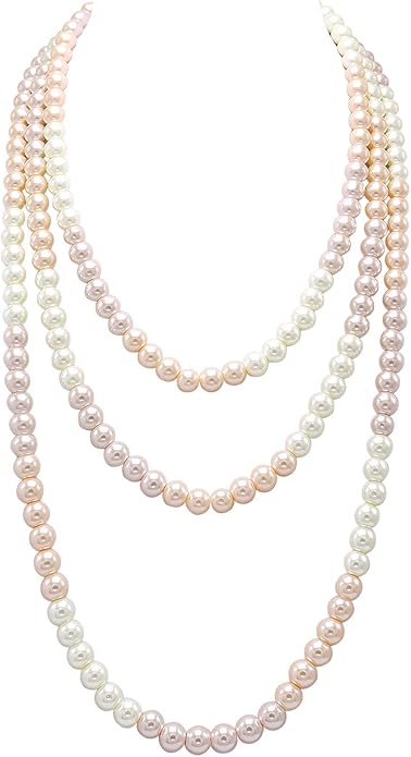 Long Pearl Necklaces for Women Cream White Faux Pearl Strand Layered Necklace Costume Jewelry