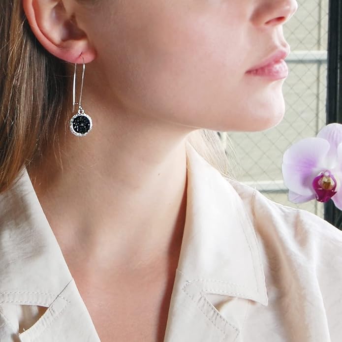 Simulated Druzy Threader Drop Earrings for Women - Gold, Silver, or Rose Gold Tone Trendy Boho Dangles with Sparkly Round Stone