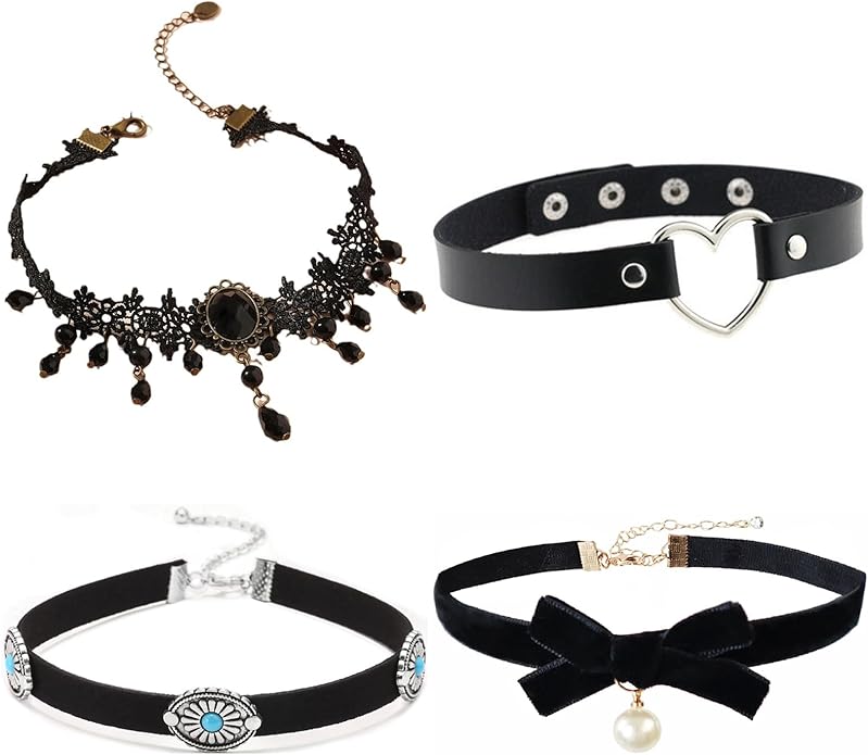 4 Pcs Choker Necklace For Women Black Adjustable Layered Velvet Leather Lace Collar Necklace Goth Jewelry Gifts