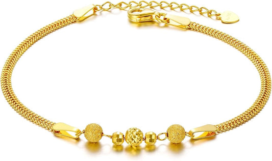 SISGEM Solid 18k Yellow Gold Bead Bracelet and Anklets for Women, Real 18 Karat Gold Fine Ankle Bracelet Jewelry for Her (2.3 mm Wide Chain, 8.6-10.2 Inch)
