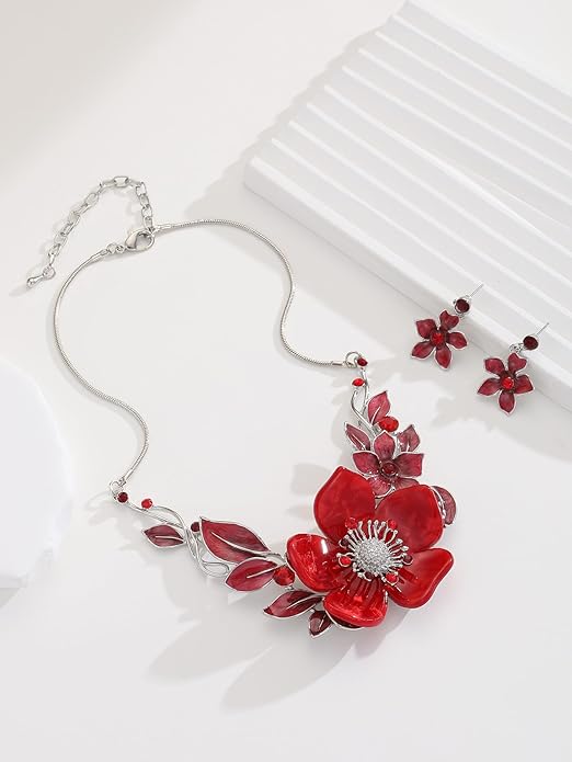 Chunky Statement Jewelry Set Vintage Retro Leaf Flower Floral Geometric Bohemian Boho Bib Necklace Earring Set Fashion Costume Jewelry for Women Girls Wedding Party Prom Unique Gift