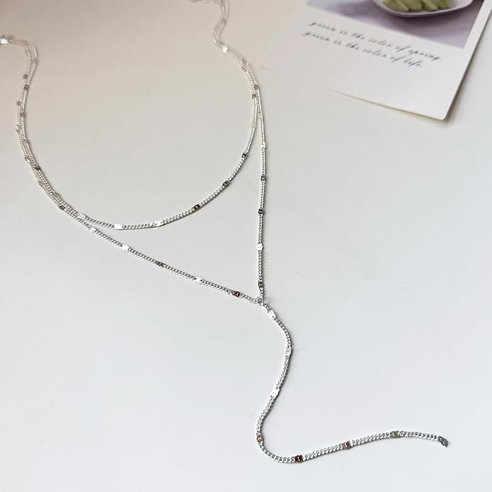 Luxval Lariat Gold Necklace for Women, Dainty Long Necklace 14k Gold Plated/Silver Y-Shaped Pendant Necklaces Trendy Beaded Chain Drop Necklaces Jewelry for Women Gifts