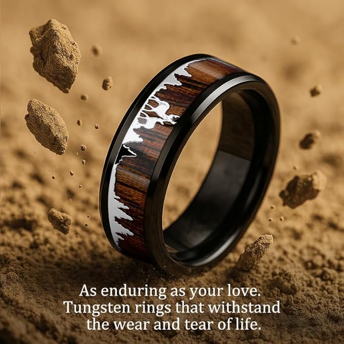 Mens Wedding Band Tungsten Rings: 8mm Black Tungsten Rings for Men Wood Wedding Ring Band for Man - Silver Ring for Men Wedding Bands for Women Wood Promise Rings for Him