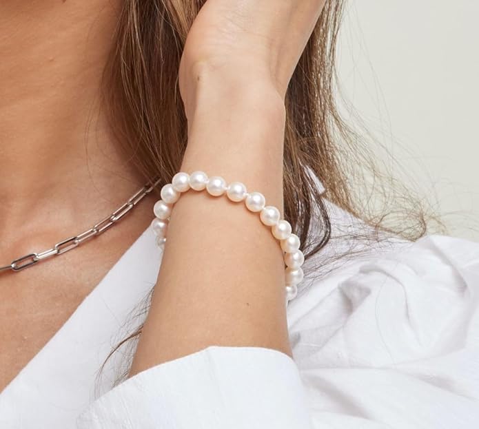 The Pearl Source White Freshwater Pearl Bracelet for Women - Cultured Pearl Bracelet in 14k Gold Plated Sterling Silver Clasp with Genuine 7-8mm Cultured Pearls