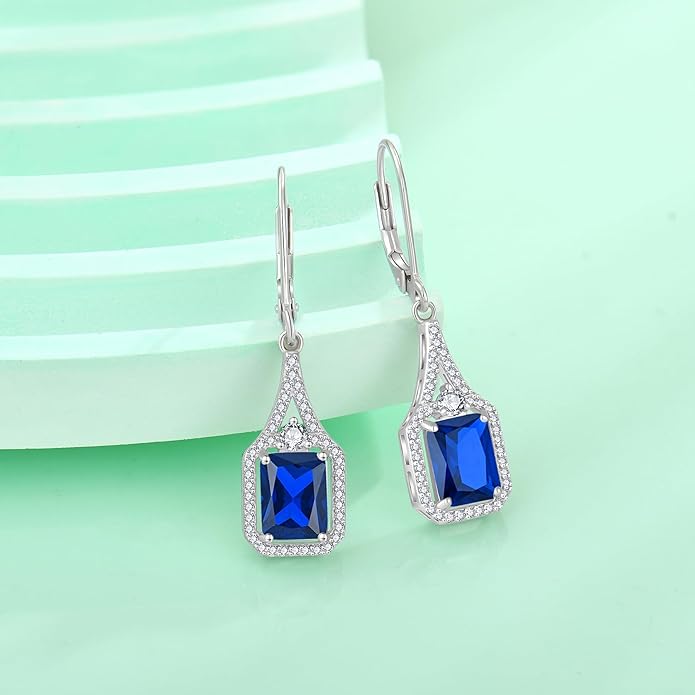 Emerald Cut Dangle Drop Earrings 925 Sterling Silver Halo Rectangular Leverback Earrings Birthstone Jewelry for Women