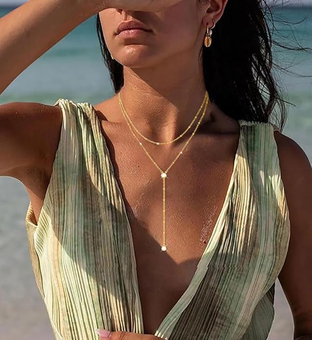 iF YOU Lariat Gold Long Necklaces for Women Trendy, Dainty 14K Gold Plated Drop Chain Necklace, Layered Rosary Beaded Y Necklaces Simple Fashion Jewelry Gifts