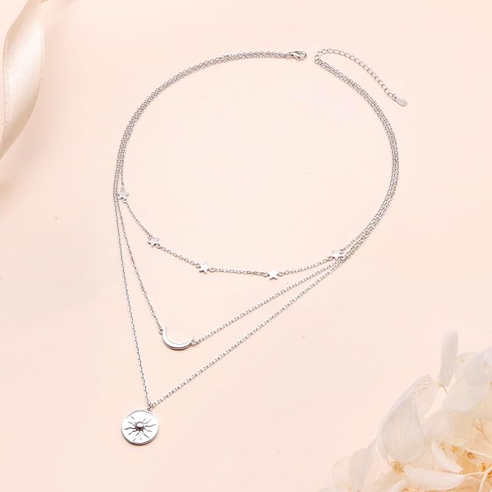S925 Sterling Silver Layered Necklaces Multi 3 Layer Circle Bar Boho Long Triple Choker Pendant Necklace Jewerly Gift for Women