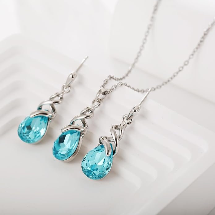 RUOFFETA Teardrop Crystal Jewelry Set, Birthstone Pendant Necklace Drop Dangle Earrings for Women