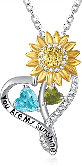 Zeuslia Double Birthstone Necklace Gifts for Wife - 925 Sterling Silver Sunflower/Rose/Crown Cross/Compass/Heart Pendant I Love You Necklace, Anniversary Birthday Gifts for Wife Girlfriend Mom Her