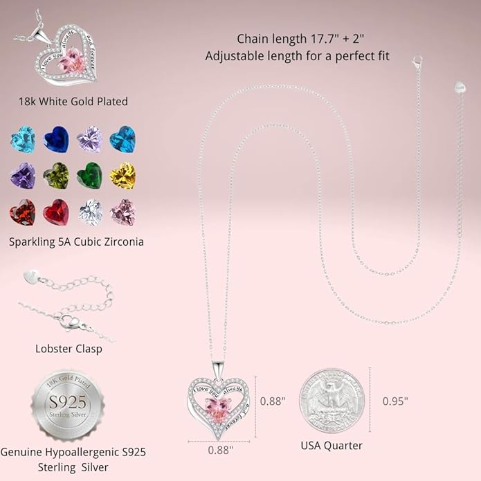 Birthstone Heart Necklace for Women Wife Girlfriend Mom Daughter Gifts S925 Silver Jewelry For Anniversary Rose Gold Gifts For Birthday Christmas Mothers Valentines Day