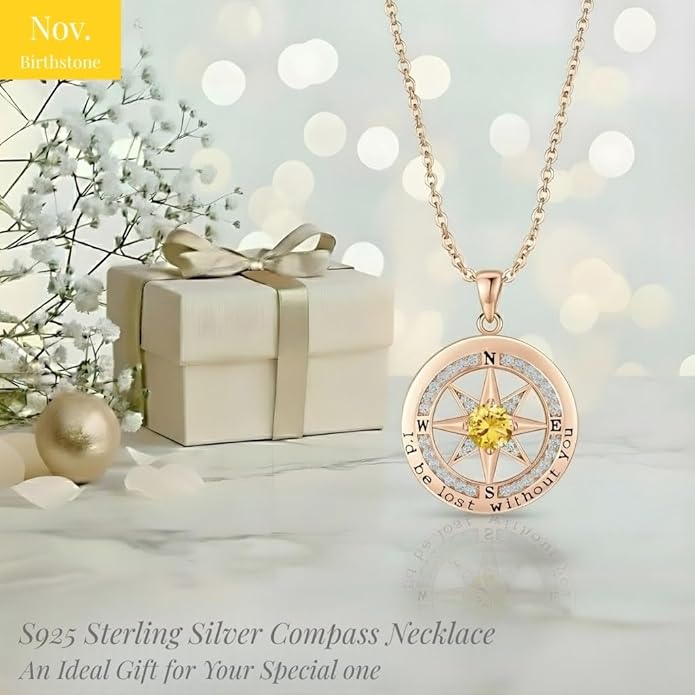 Compass Necklace for Women Wife Girlfriend Mom Daughter Gifts S925 Silver Jewelry For Anniversary Rose Gold Gifts For Birthday Christmas Mothers Valentines Day 12 Birthstones