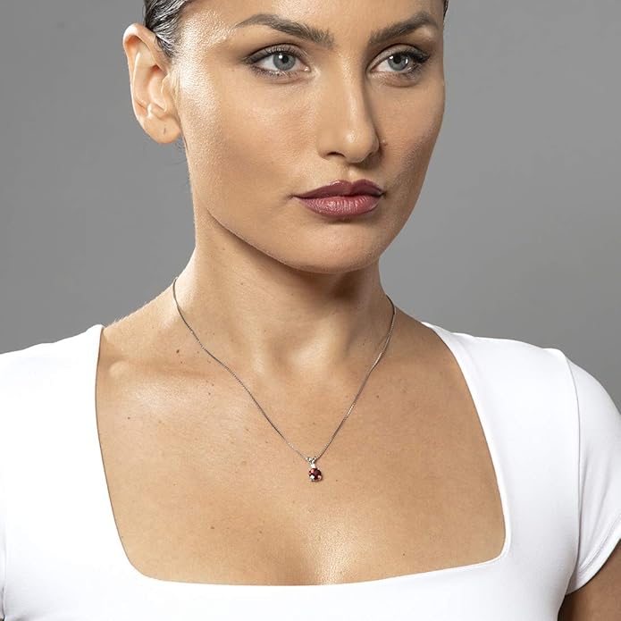 PEORA 14K White Gold Garnet and Diamond Pendant, Genuine Gemstone Elegant Solitaire, Round Shape, 6.50mm, 1.40 Carats total, Valentine's Gift for Her, Wife, Sister, Women Gift Ideas w/Jewelry Box