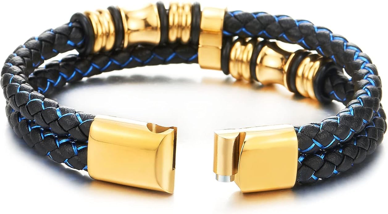 COOLSTEELANDBEYOND Mens Double-Row Braided Leather Bracelet Bangle Wristband with Stainless Steel Ornaments