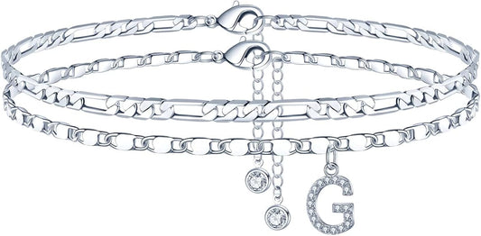Ursteel Ankle Bracelets for Women, 14K-Gold-Plated Dainty Layered Chain CZ Initial Anklets Set Summer Jewelry Gifts for Women