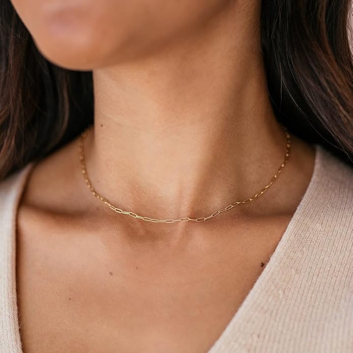 Dainty Chain Necklace for Women, 18K Gold Plated Coin Disc Choker Necklaces Simple Satellite Beaded Twisted Thin Paper Clip Chain Everyday Jewelry Gifts