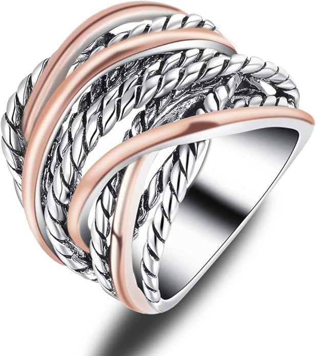Wide Band Rings Twisted Rope Ring Two-Tone Mixed Metal Braided Statement Rings Fashion Jewelry for Women