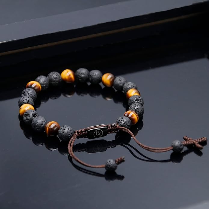 HASKARE Triple Protection Crystal Bracelets for Men, Premium Tiger Eye Bracelet Lava Healing Bracelet Fathers Day Gift, Handmade Cross Stress Relief Beads Bracelets Mens Jewelry Gift for Dad Grandpa