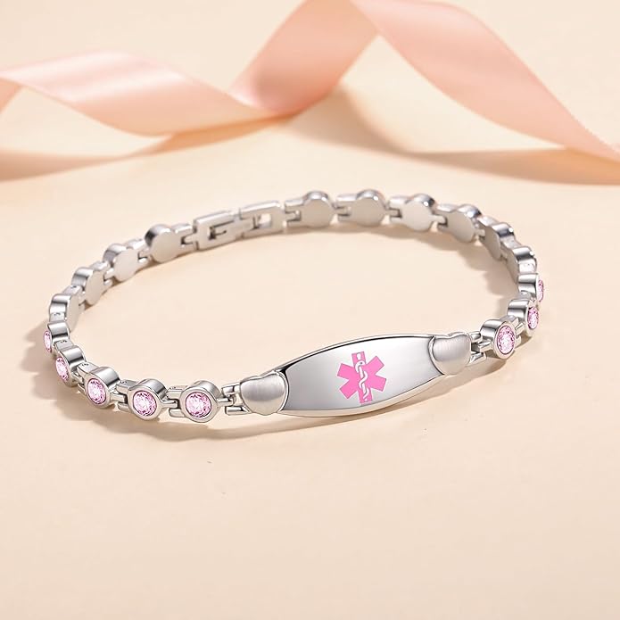 LinnaLove Fashion Shiny medical alert bracelet with Free Engraving Stainless steel Medical id bracelet for Women