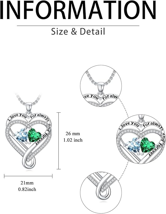 I Love You for Awlays and Forever Double Heart Necklace with Birthstone, 2 Birth Stone Jewelry Anniversary Valentines Mothers Day Christmas Birthday Gifts for Women Her Wife Girlfriend Mom Mother