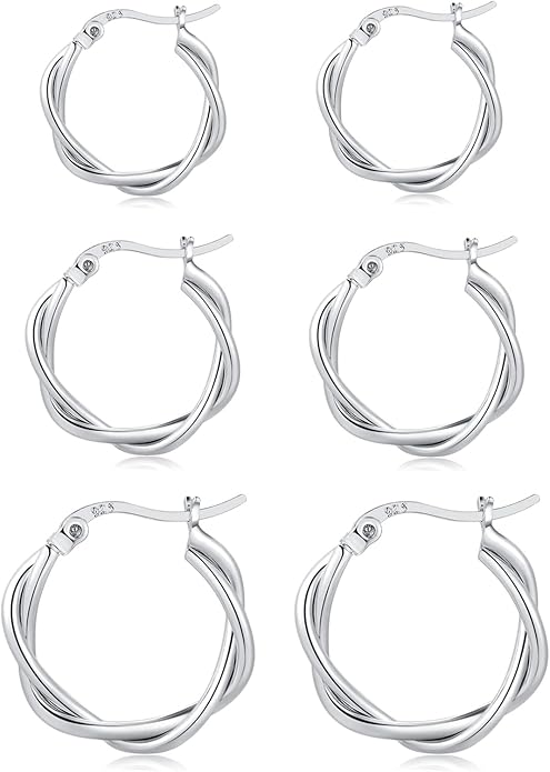 3 Pairs 925 Sterling Silver Hoop Earrings 14K White Gold Plated Small Silver Hoops Cartilage Huggie Earrings for Women Men