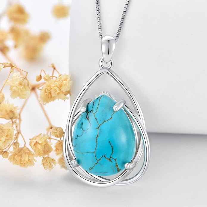 Teardrop Turquoise Pendant Necklace, 925 Sterling Silver December Birthstone Necklace Vintage Western Jewelry Gift for Women