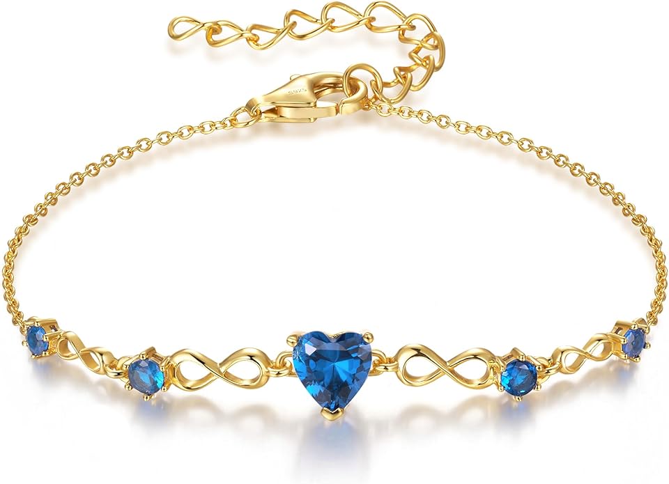 G&GEMSJEW Infinity Heart Birthstone Bracelets for Women, 925 Sterling Silver Women Charm Link Bracelet Adjustable, Birthday Anniversary Christmas Jewelry Gifts for Women Wife Mom Girlfriend Her