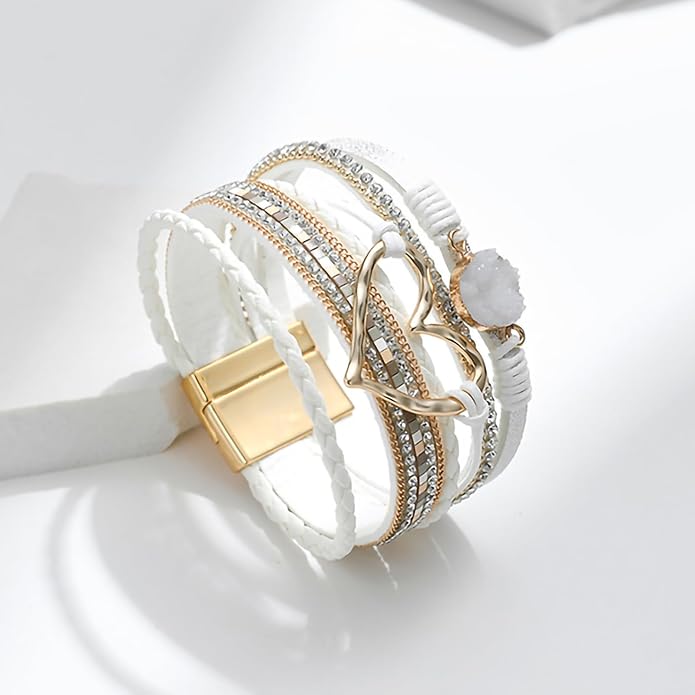 Fesciory Leopard Bracelet for Women, Boho Leather Wrap Multi-Layer Pearl Crystal Bracelet Bangle Jewelry