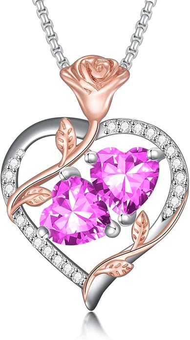Christmas Gifts for Women Rose Heart Birthstone Pendant Necklace I Love You Forever Jewelry Valentine Mothers Day Birthday Gifts for Women Her Wife Girlfriend