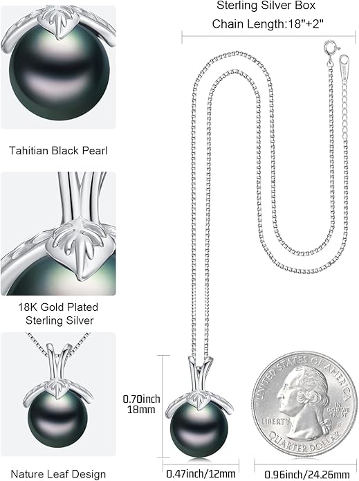 KANNSOAR Tahitian Black Pearl AAAA 18K Gold Plated Sterling Silver Trendy Pendant Necklace for Women Wife Mom Girlfriend Valentine Her Jewelry Gift for Anniversary Birthday Christmas