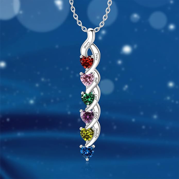 MissNaNa Sterling Silver Personalized Mothers Necklace with Simulated Birthstones Engraved 1-6 Children Names Custom Love Heart Pendant Family Necklace for Women Mother's Day Birthday