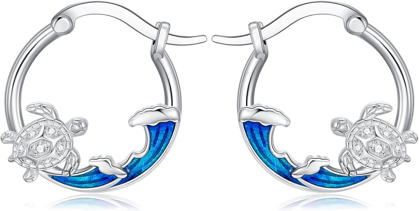 SeaTurtle dolphin Hummingbird Earrings for Women 925 Sterling Silver Sea Waves Earrings Ocean Huggie Hoop Sea Turtle dolphin Earrings Jewelry Gifts