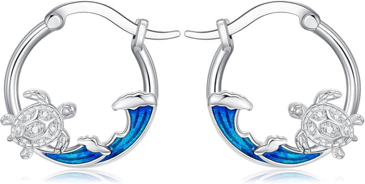 SeaTurtle dolphin Hummingbird Earrings for Women 925 Sterling Silver Sea Waves Earrings Ocean Huggie Hoop Sea Turtle dolphin Earrings Jewelry Gifts
