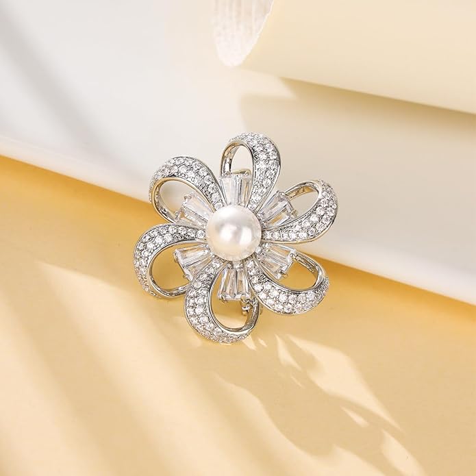Jerler Sliver Crystal Brooch Pin Rhinestone Lapel Pin Jewelry for Women, Banquet Scarf Pearl Pins for Wedding Bridal Party