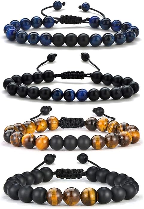 M MOOHAM Natural Stone Bracelets for Men - 8mm Tiger Eye, Matte Agate, Lava Rock - Teen Boys Gifts for Birthday, Anniversary, Christmas