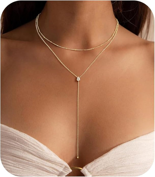 Ursteel Dainty Lariat Necklace for Women, 14K Gold Plated Y-Shaped Long Necklace Layered Drop Necklaces Pearl Cross Clover CZ Charm Necklaces for Women Christmas Jewelry Gifts Stocking Stuffers