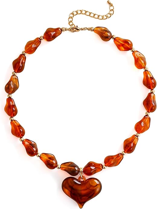 YUJIE Chunky Heart Penadnt Necklace for Women- Exaggerated Statement Puff Heart Necklace with Acrylic Beaded Chain