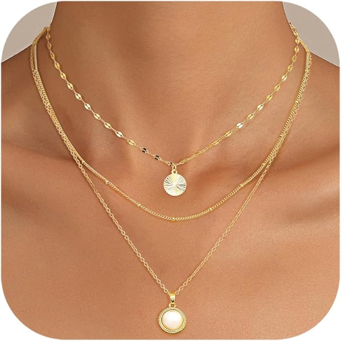 Kakonia Layered Gold Necklace for Women 14K Gold Plated Pendant Necklace Set Gold Necklace Satck Dainty Gold Chain Trendy Jewelry for Women