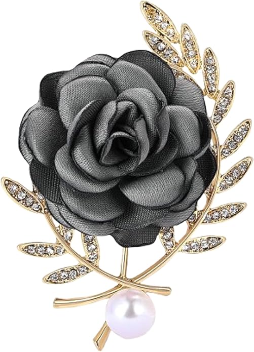 Rose Brooch for Women,Dainty Satin Fabric Flower Lapel Pins Vintage Elegant Pearl Brooches Handmade Crystal Pearl Pins Silk Camellia Safety Collar Pin Dress Suit Accessories Wedding Bridal Bouquet Jewelry