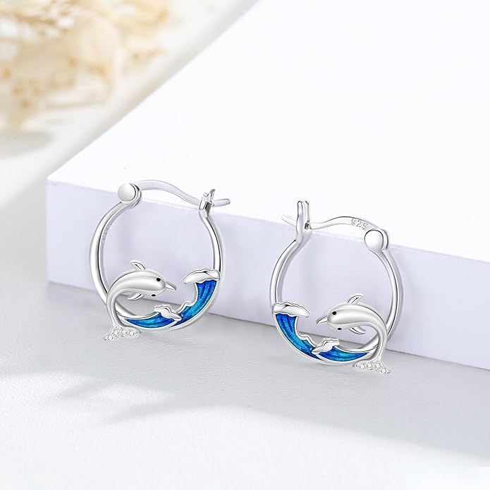 SeaTurtle dolphin Hummingbird Earrings for Women 925 Sterling Silver Sea Waves Earrings Ocean Huggie Hoop Sea Turtle dolphin Earrings Jewelry Gifts