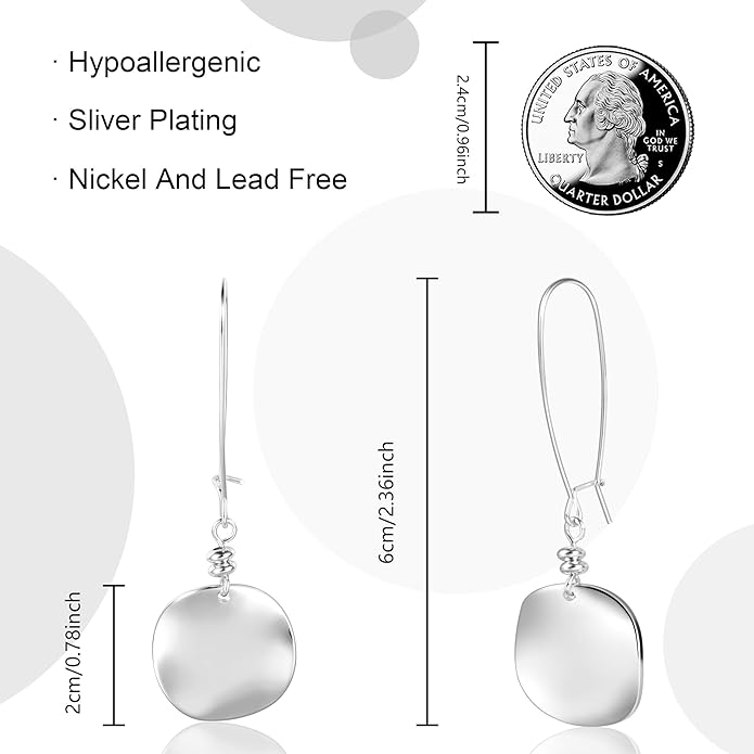 14K Gold Dangle Earrings for Women，Lightweight Circle Disc Coin Geometric Flat Brushed Drop Earrings, Hypoallergenic Leverback Earrings S925 Jewelry